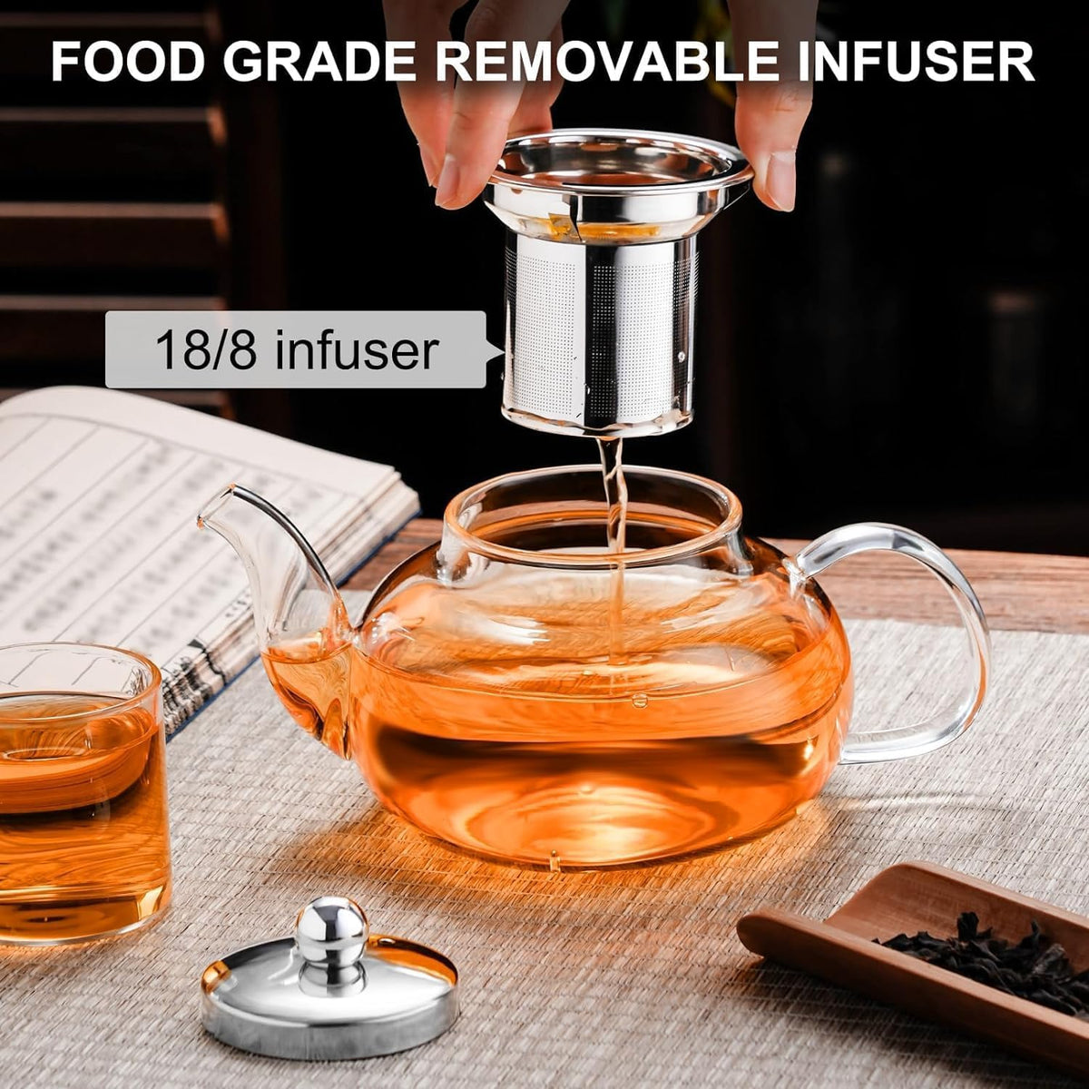 Glass Teapot with Removable Stainless Steel Infuser, 18/8 Food Grade Strainer, Stovetop Safe, Loose Leaf Tea Maker - 1000ml