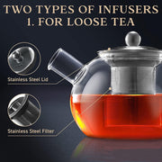 Glass Teapot with Removable Stainless Steel Infuser, 18/8 Food Grade Strainer, Stovetop Safe, Loose Leaf Tea Maker - 1000ml