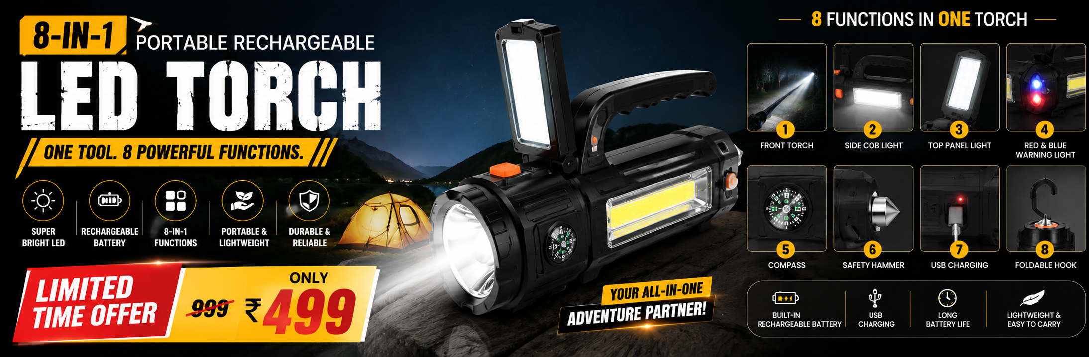 Portable rechargeable LED torch with multiple functions on a dark background
